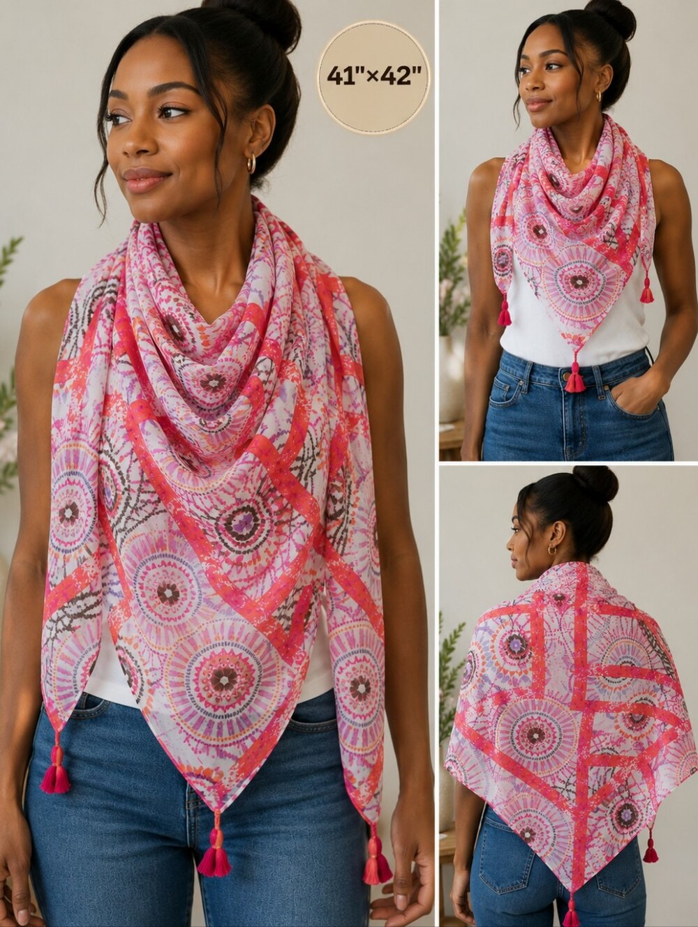 Olsen 100% Silk Square Scarf Pink Geometric Print Tassel 41” x 42”